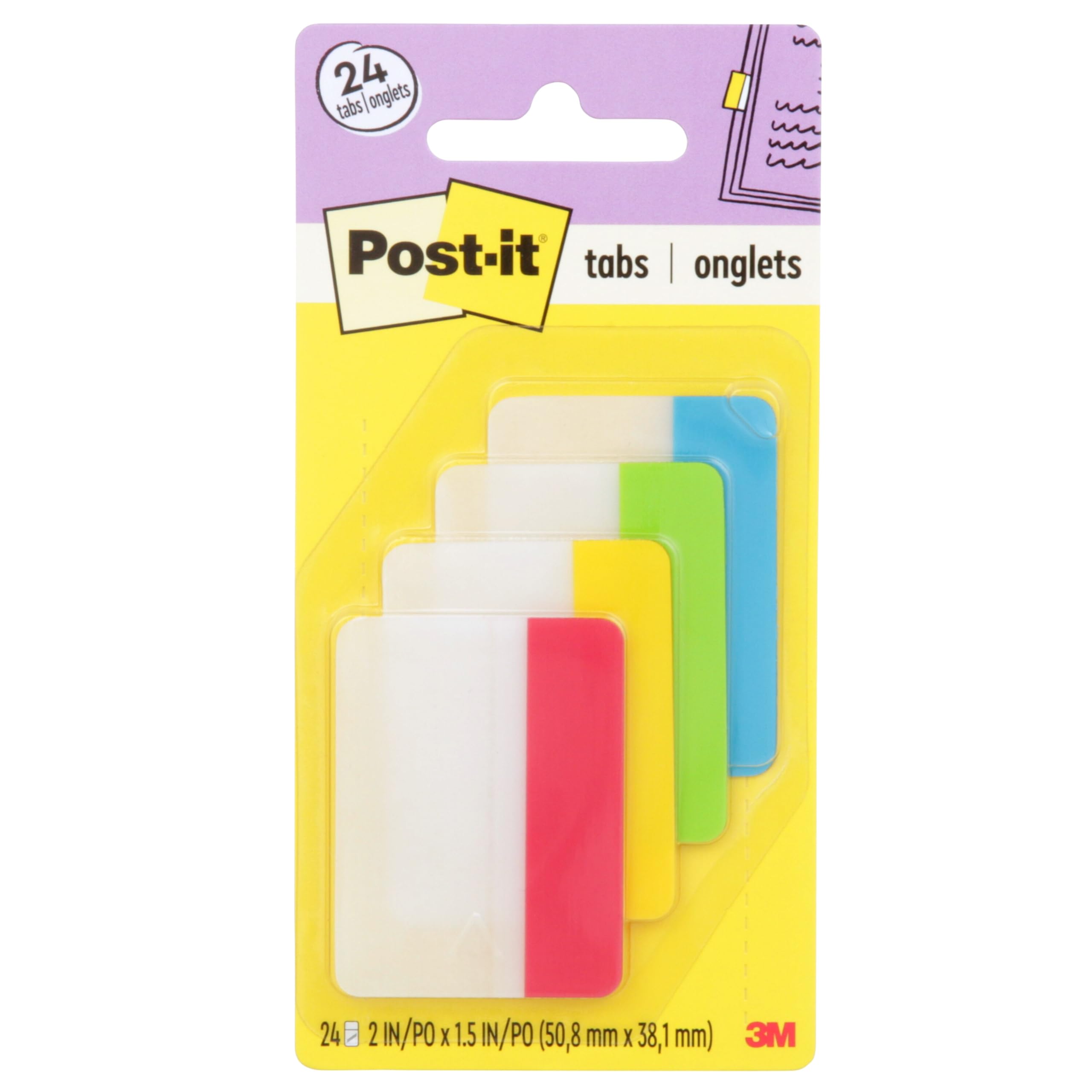Post-it Tabs, 2 in, Solid, Assorted Primary Colors, 6 Tabs/Color, 4 Colors, 24 Tabs/Pack (686-ALYR)
