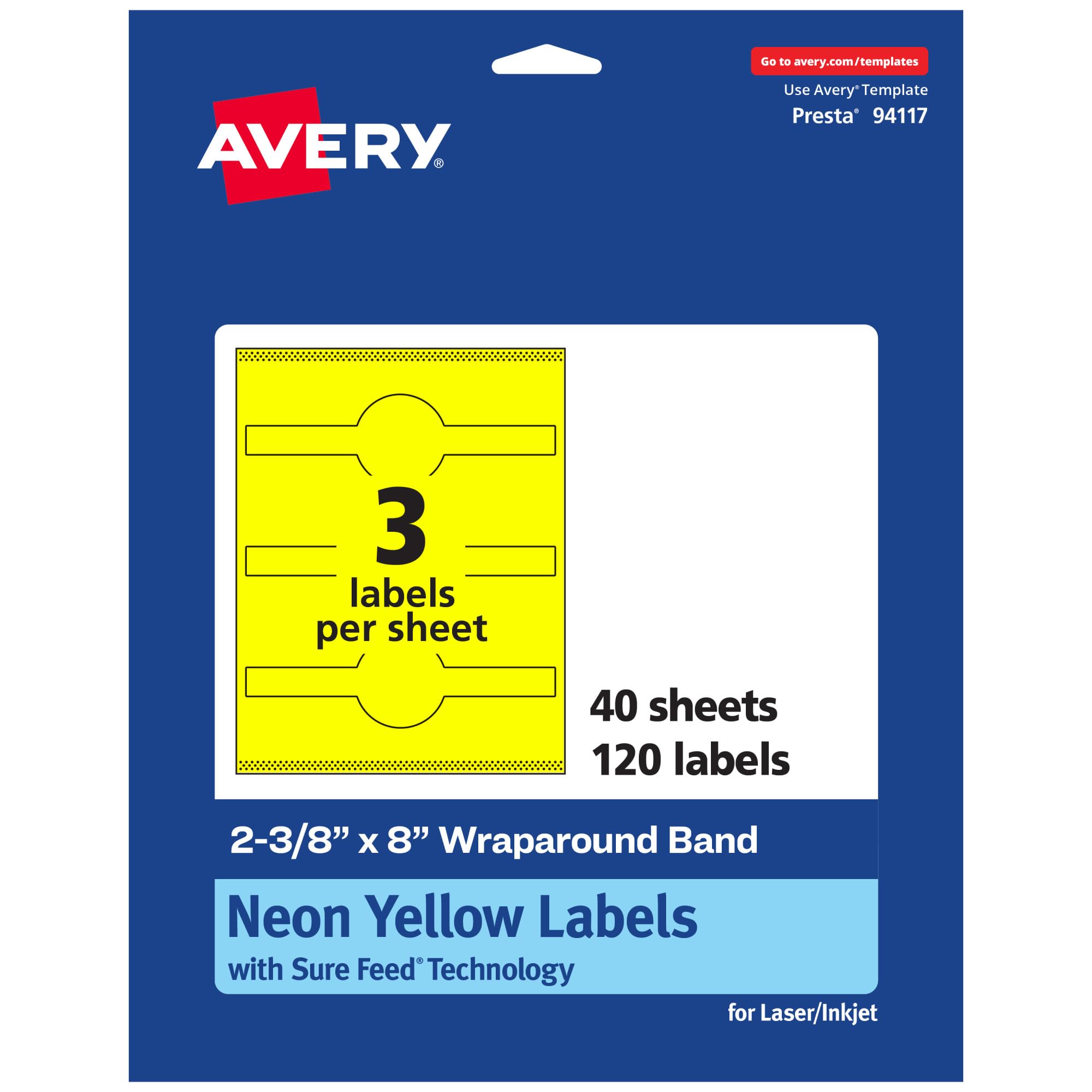 Avery Printable Wraparound Band Labels, Sure Feed Technology, 2-3/8" x 8", Neon Yellow