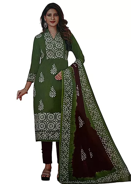 Unstitched Green Salwar Suit Set with Dupatta, Elegant in traditional green and maroon