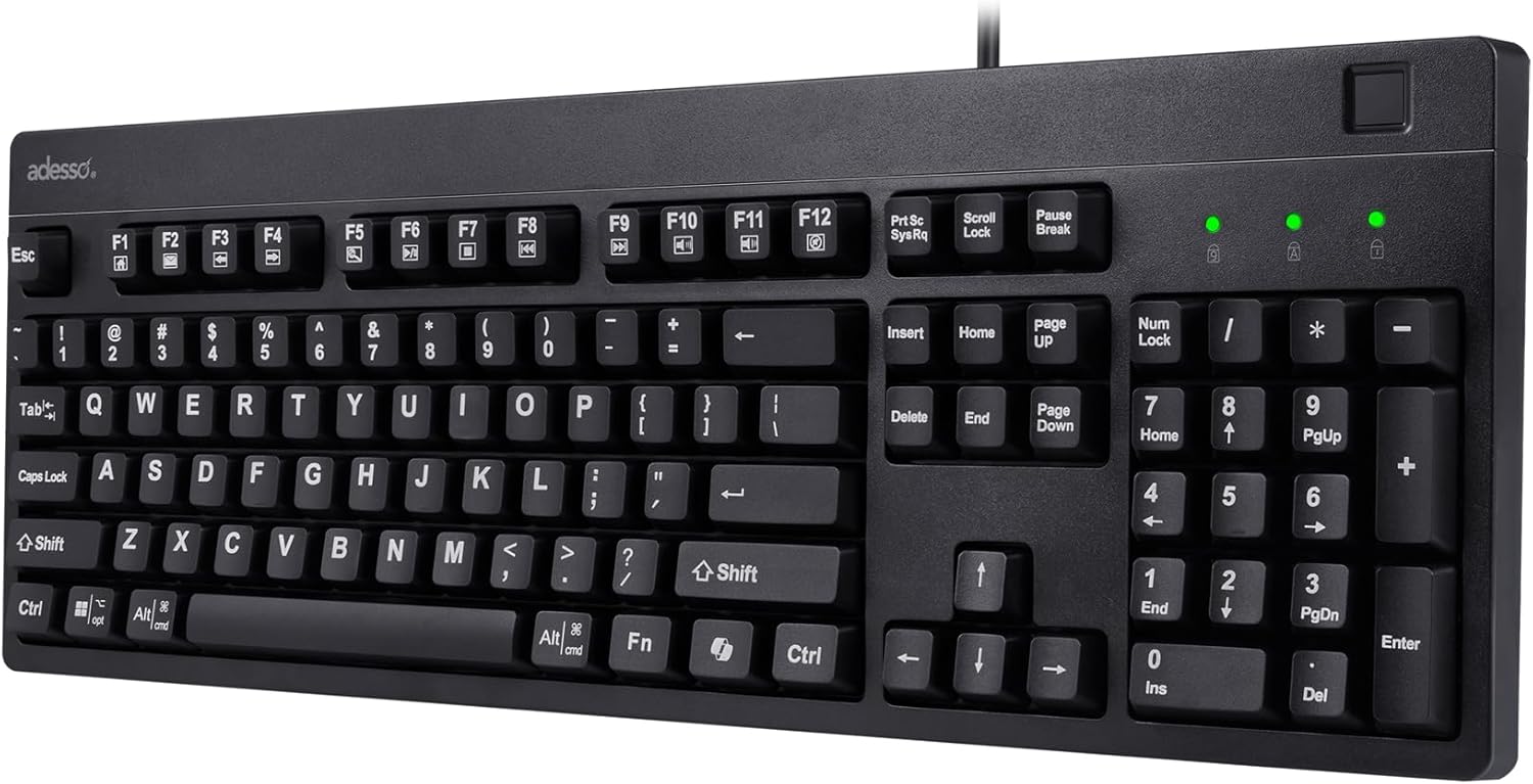Adesso TAA Compliant Fingerprint Keyboard with AES 256 Encryption USB Wired Full Size 104 Key Layout Windows Hello