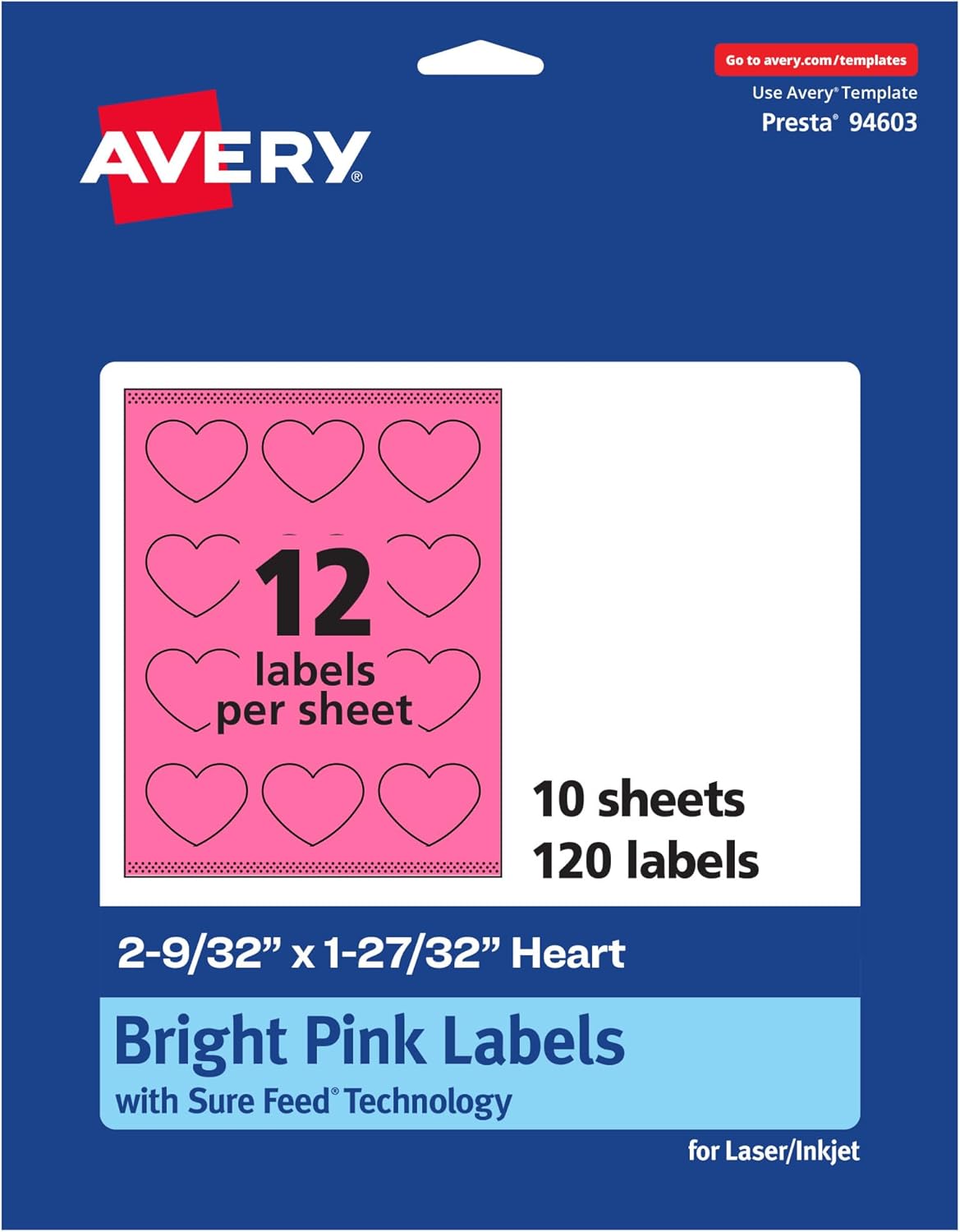 Avery Printable Heart Labels, Sure Feed Technology, 2-9/32" x 1-27/32", Bright Pink, Print-to-The-Edge