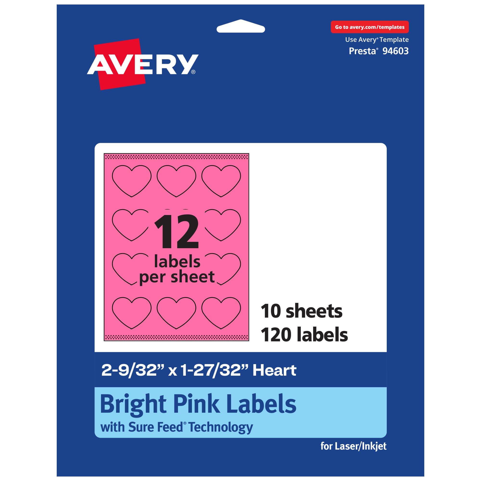 Avery Printable Heart Labels, Sure Feed Technology, 2-9/32" x 1-27/32", Bright Pink, Print-to-The-Edge