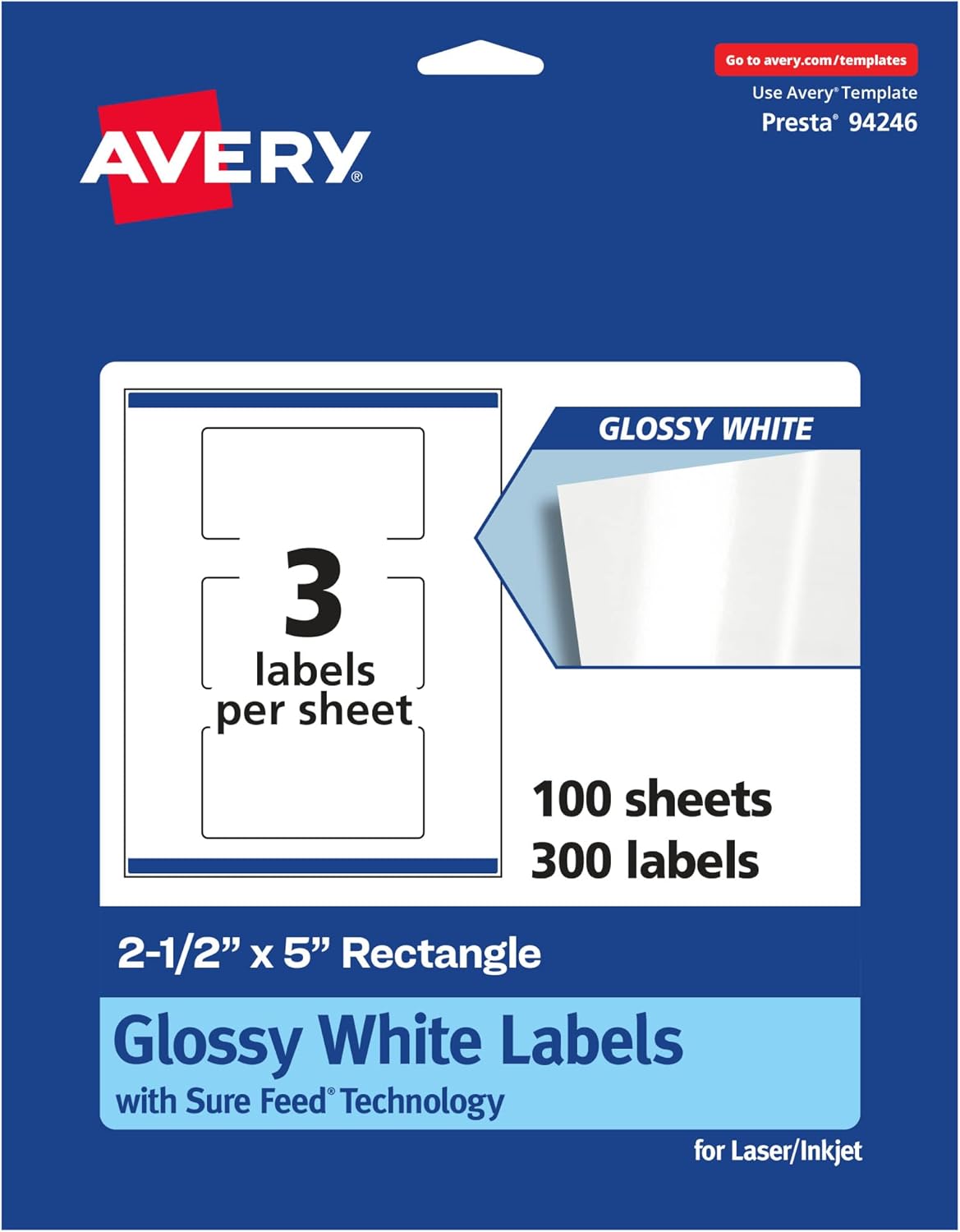 Avery Glossy White Rectangle Labels, Sure Feed Technology, 2.5" x 5", Print-to-The-Edge, Permanent Adhesive