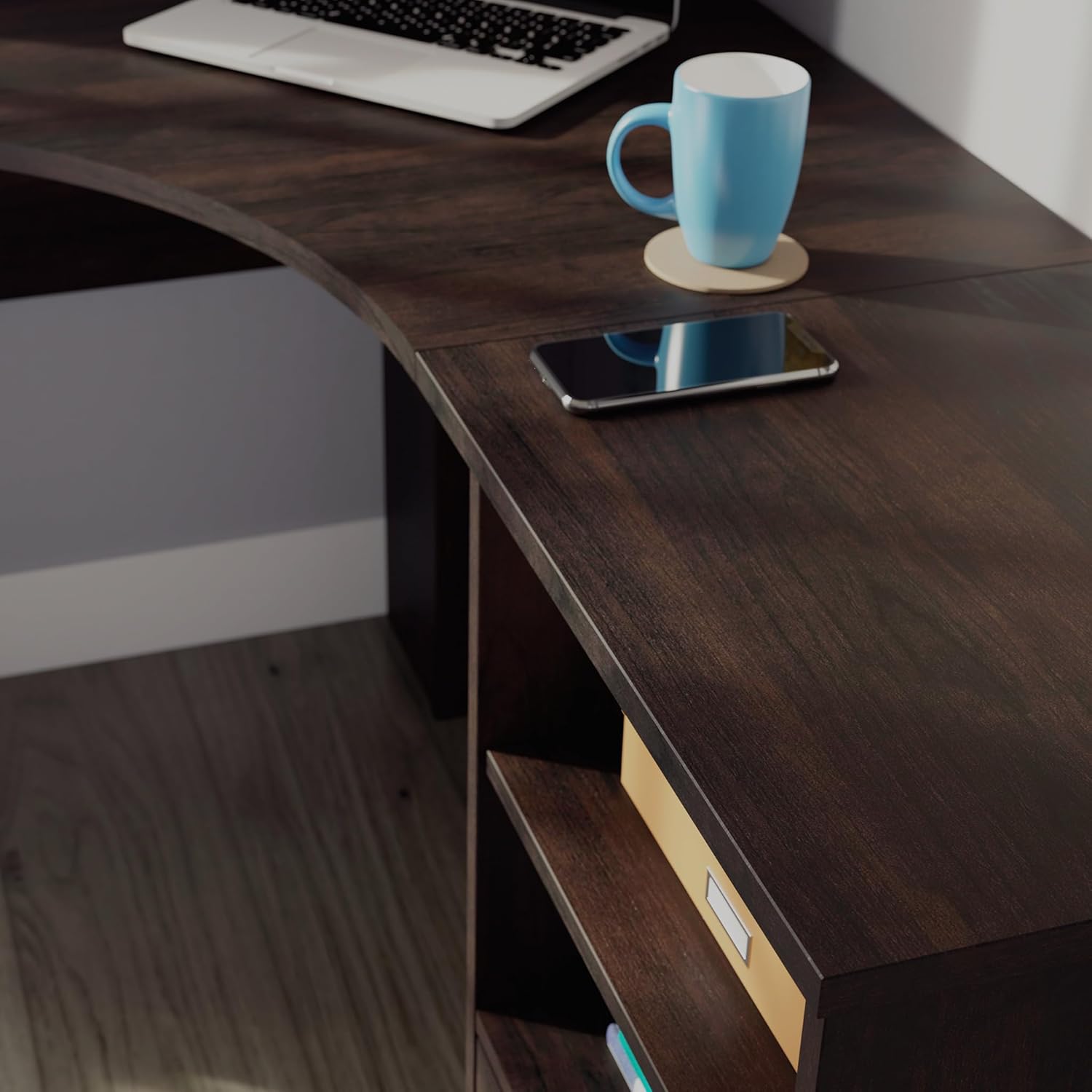 Sauder Beginnings 53inW Corner Desk with Drawer and Shelves, Cinnamon Cherry Finish