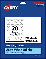 Avery Matte White Heart Labels, Sure Feed Technology, 1.5" x 1.5"