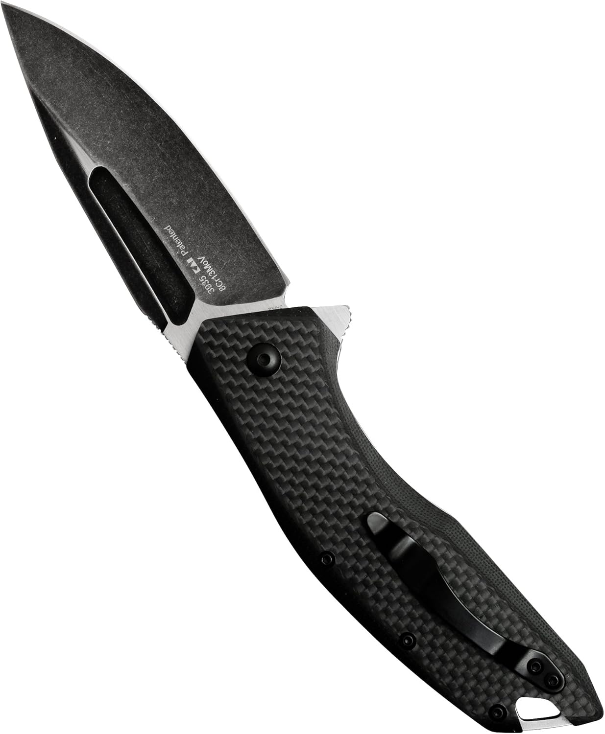 Kershaw Flourish Pocket Knife (3935); 3.5-Inch Blackwash Clip Point Blade with Black Carbon Fiber Handle