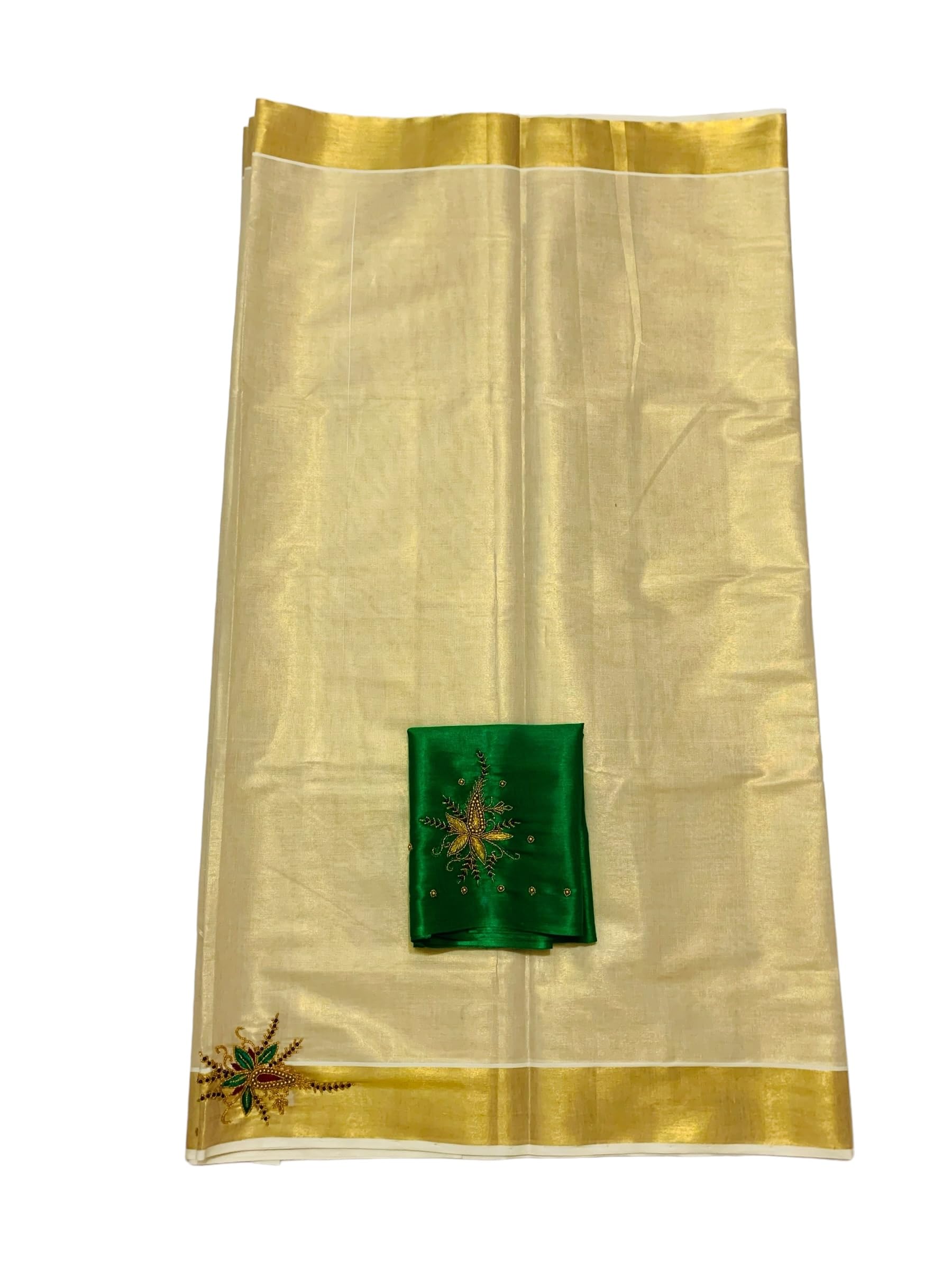 Kuthampully Kerala Kasavu Sarees For Women | Handcrafted Aari work Kerala Sarees | Tissue Onam Saree With Running Blouse | South Indian Sarees | Onam Saree EKM-835 (Green)