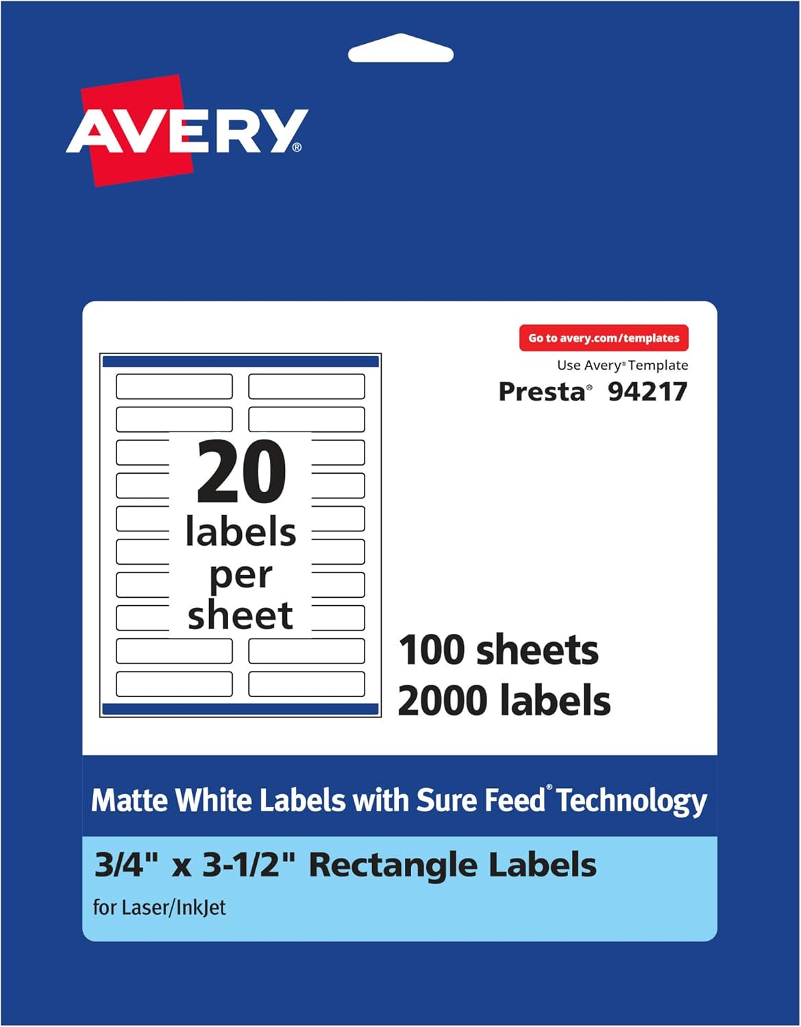 Avery Matte White Rectangle Labels, Sure Feed Technology, 0.75" x 3.5"