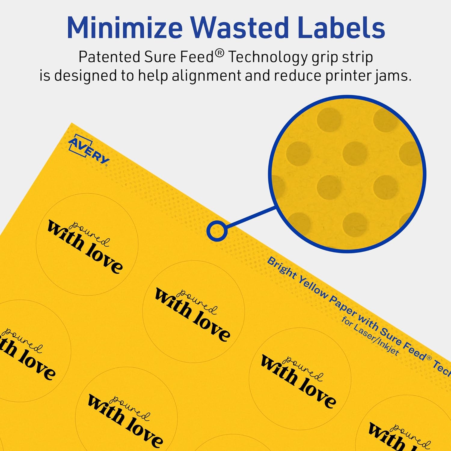 Avery Printable Round Labels, Sure Feed Technology, 1-5/8" Diameter, Bright Yellow, Print-to-The-Edge, Laser/Inkjet Printable