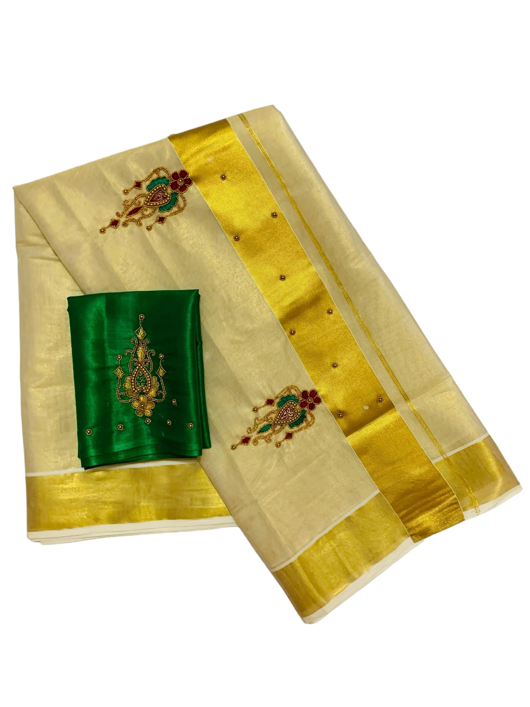 Kuthampully Kerala Kasavu Sarees For Women | Handcrafted Aari work Kerala Sarees | Tissue Onam Saree With Running Blouse | South Indian Sarees | Onam Saree EKM-837 (Green)