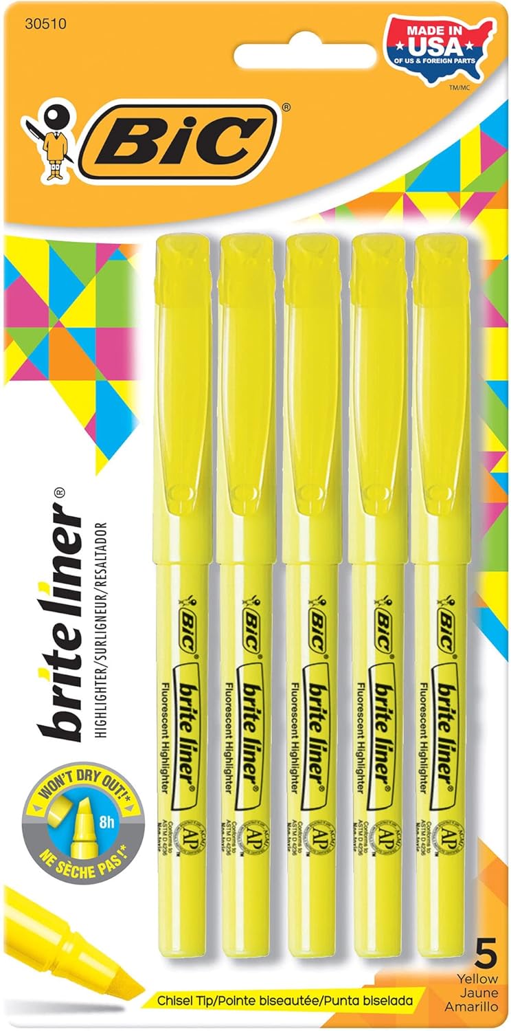 BIC® Brite Liner® Highlighters, Chisel Point, Yellow, 5-Pack