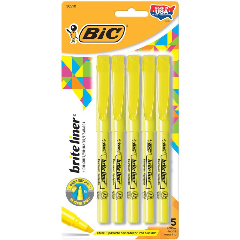 BIC® Brite Liner® Highlighters, Chisel Point, Yellow, 5-Pack