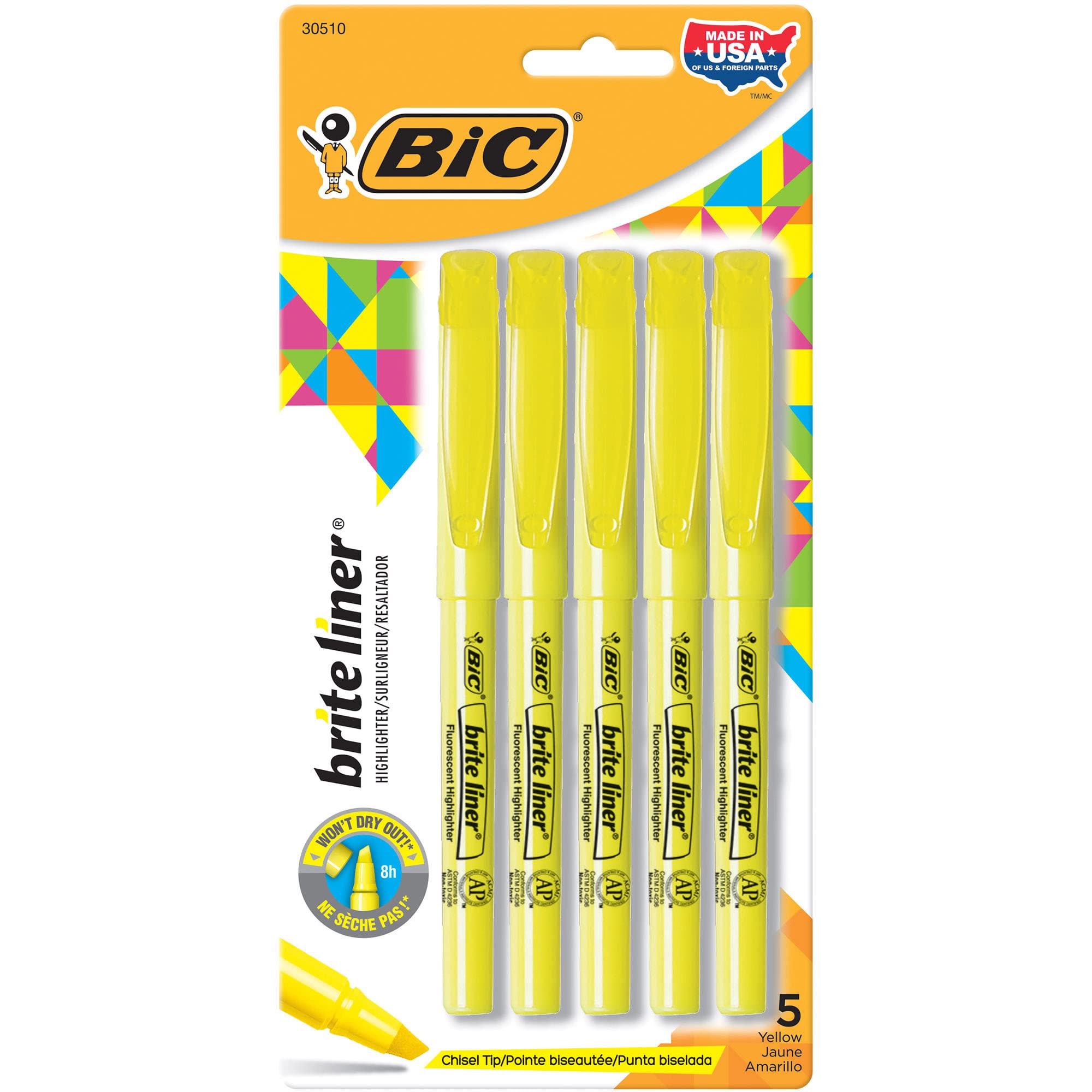 BIC® Brite Liner® Highlighters, Chisel Point, Yellow, 5-Pack