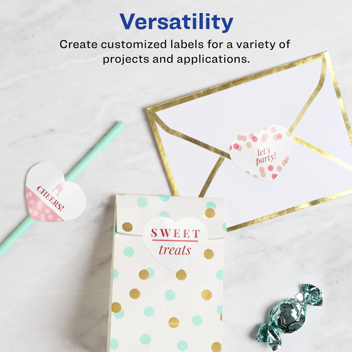 Avery Glossy White Heart Labels, Sure Feed Technology, 2-9/32" x 1-27/32", 120 Glossy White Labels, Print-to-The-Edge