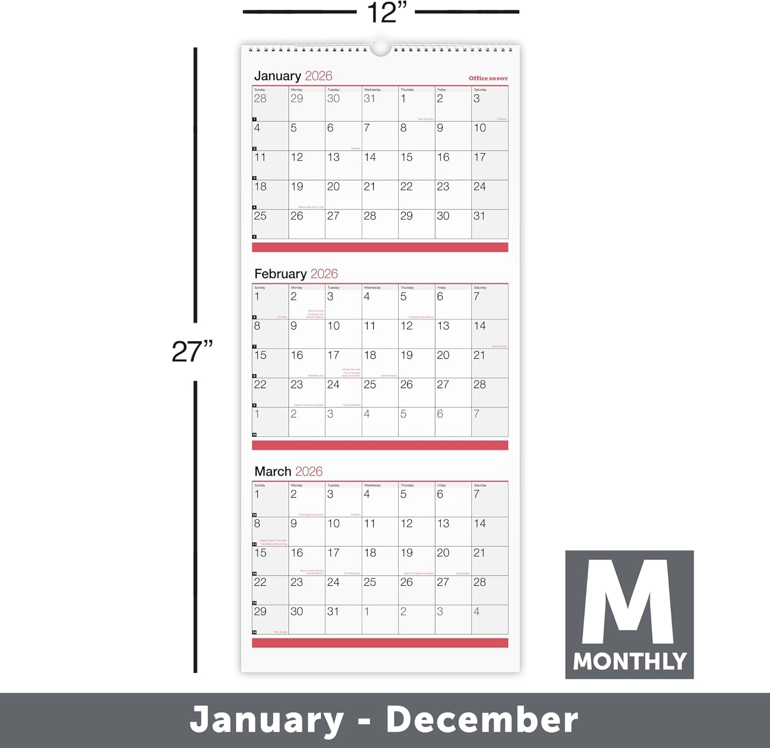 Office Depot Brand 3-Month Monthly Wall Calendar, 12" x 27", White, January 2026 to December 2026, OD30302826