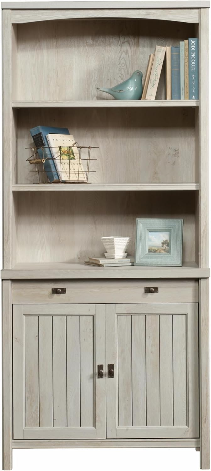 Sauder Costa Library Base, Coastal Cottage Cabinet, Office Storage Solution, Entryway Organizer - Chalked Chestnut Finish