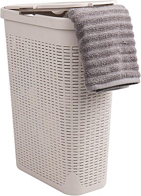 Mind Reader 40L Slim Laundry Hamper with Lid, Wicker-Style Plastic