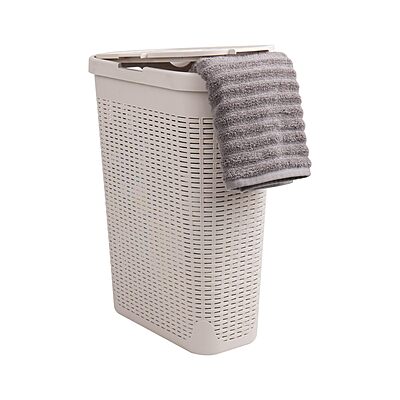 Mind Reader 40L Slim Laundry Hamper with Lid, Wicker-Style Plastic