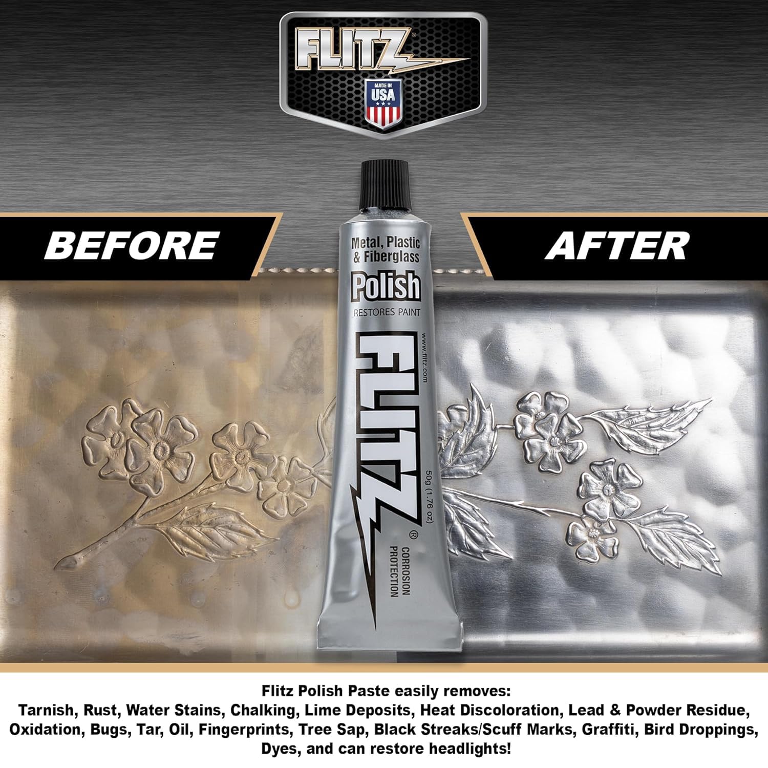 Flitz Multi-Purpose Metal Polish Paste - 1.76oz Tube of USA-Made Metal Scratch Remover - Works on Stainless Steel, Chrome
