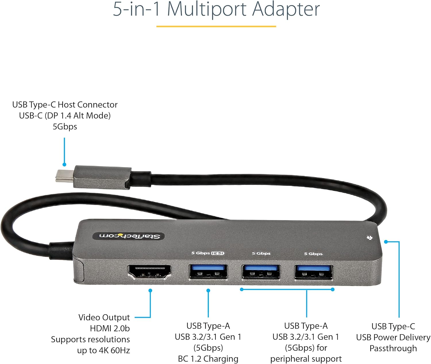 StarTech.com USB C Multiport Adapter - USB-C to HDMI 2.0b 4K 60Hz (HDR10), 100W Power Delivery Pass-Through
