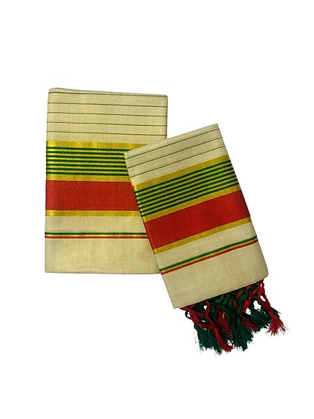 Women's Kuthampully Kerala Kasavu Set mundu Tissue Stripe with Kunjam | Kerala Tissue set mundu onam latest collections | Stripe Kasavu set mundu - Multi Color KTM-912 (Red)