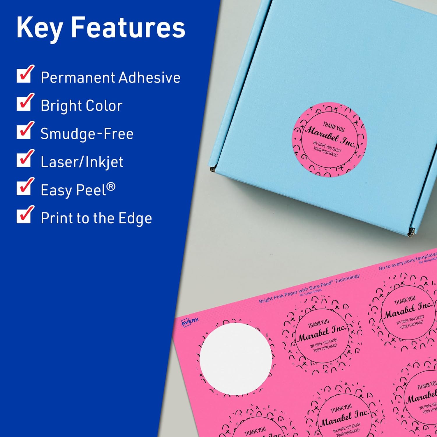 Avery Printable Round Labels, Sure Feed Technology, 2" Diameter, Bright Pink, Print-to-The-Edge, Laser/Inkjet Printable