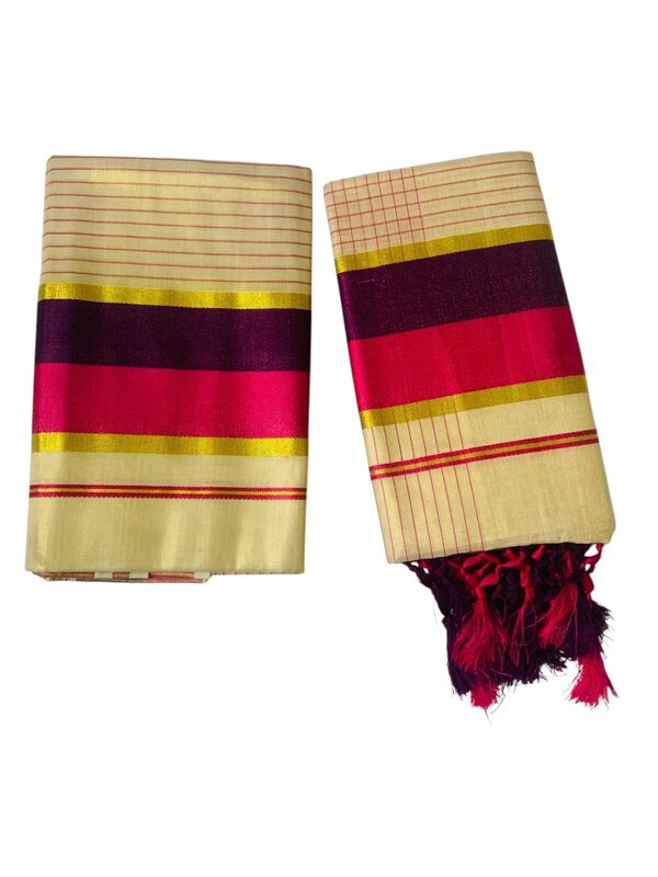 Women's Kuthampully Kerala Kasavu Set mundu Tissue with Kunjam | Kerala Tissue set mundu latest collections | Kuthampully Stripe Kasavu set mundu - Multi Color KTM-902 (Pink)