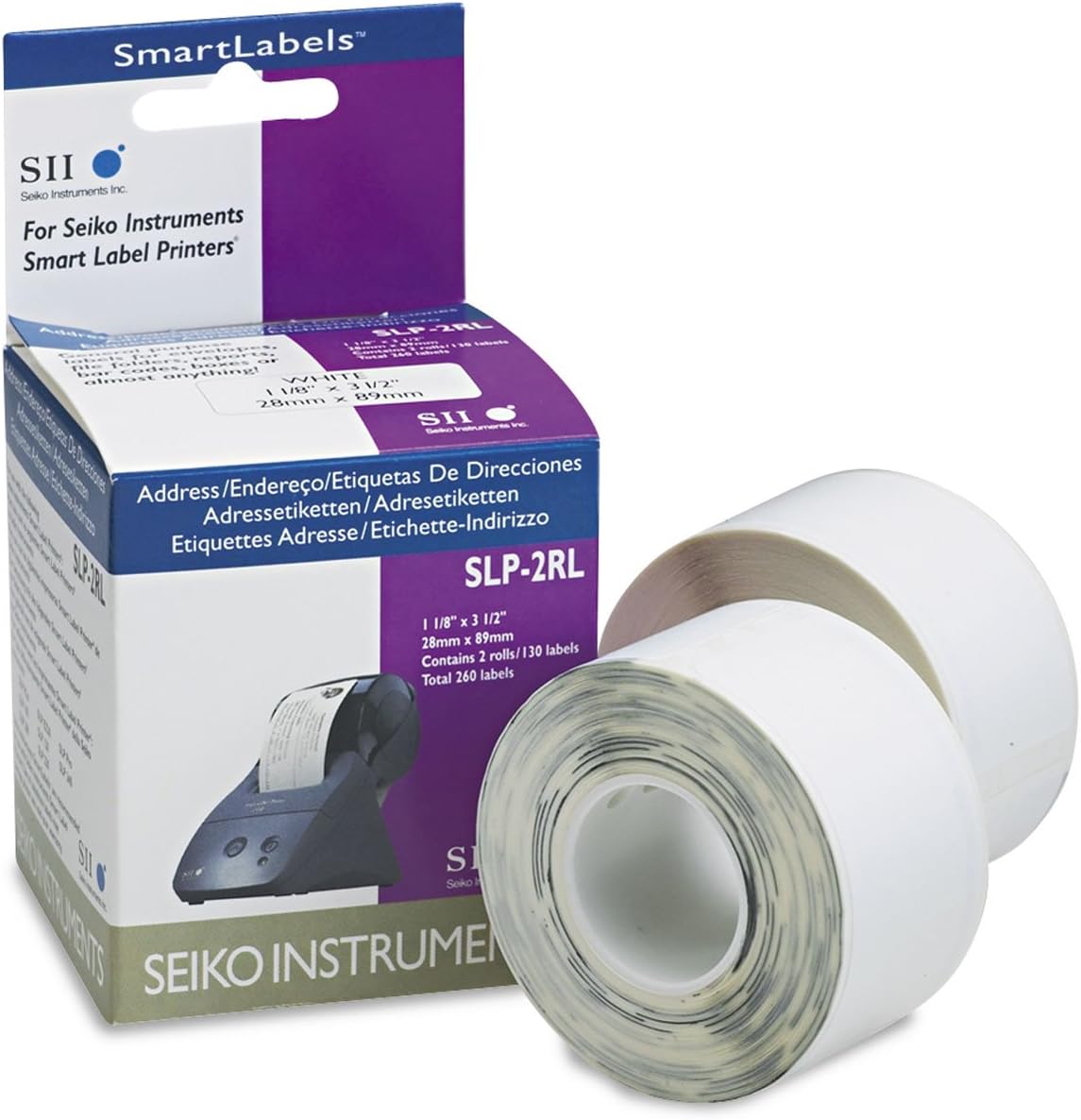 Seiko SmartLabel Address Labels, SKPSLP2RL, Rectangle, 1-1/8in x 3-1/2in, White, 130 Labels Per Roll, Box Of 2 Rolls