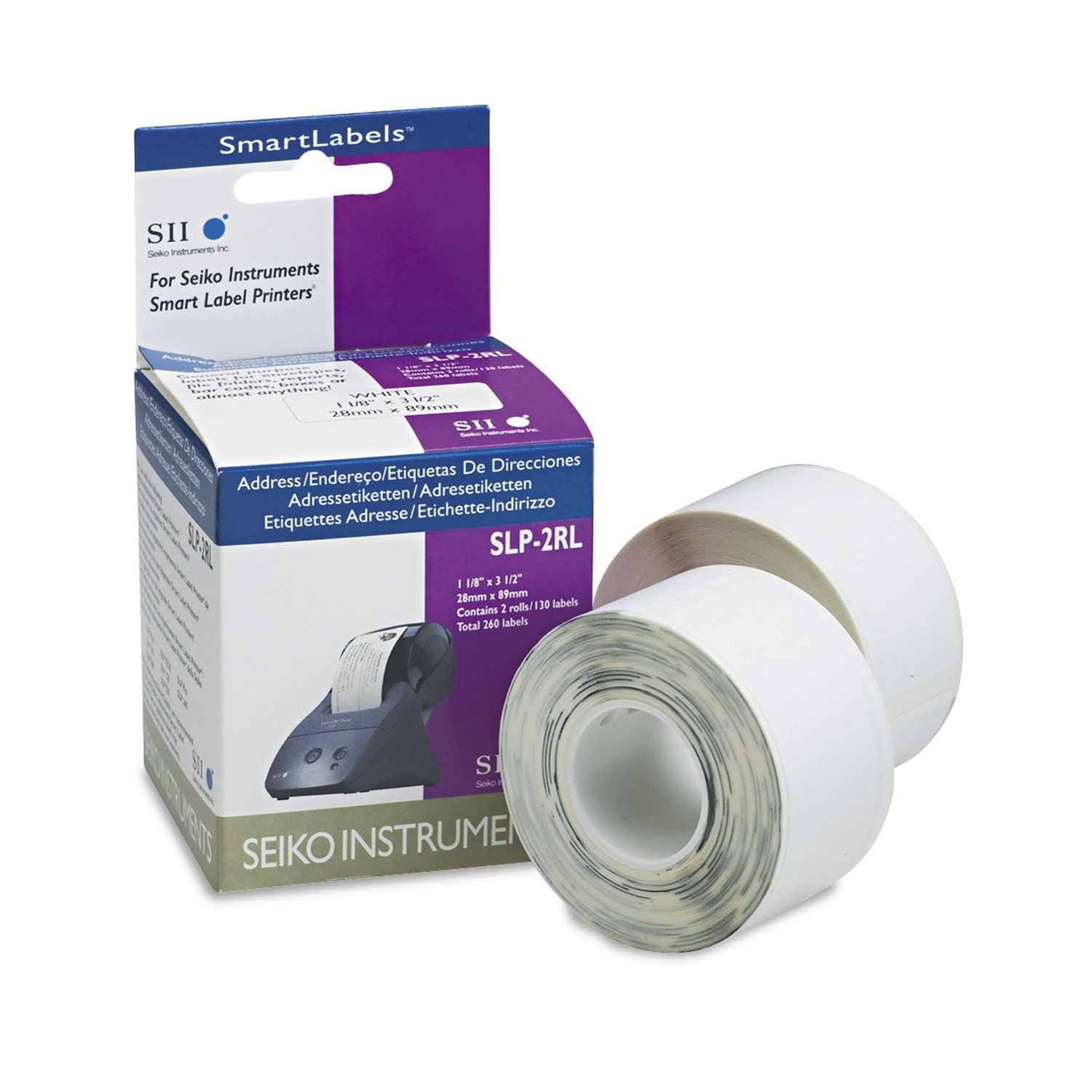 Seiko SmartLabel Address Labels, SKPSLP2RL, Rectangle, 1-1/8in x 3-1/2in, White, 130 Labels Per Roll, Box Of 2 Rolls