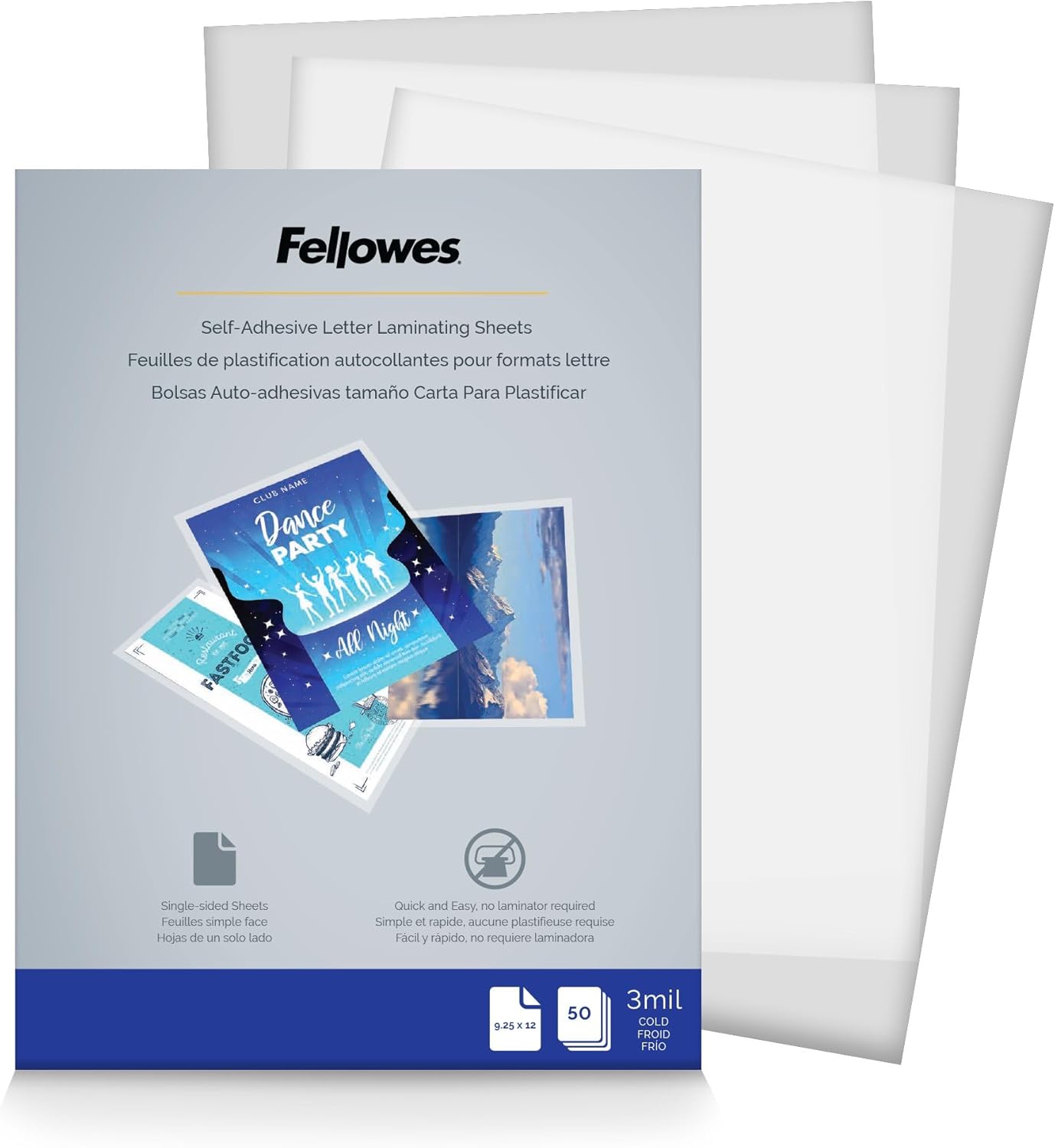FELLOWES Self-Adhesive Laminating Sheets, 9 x 12, 3 mil, Gloss