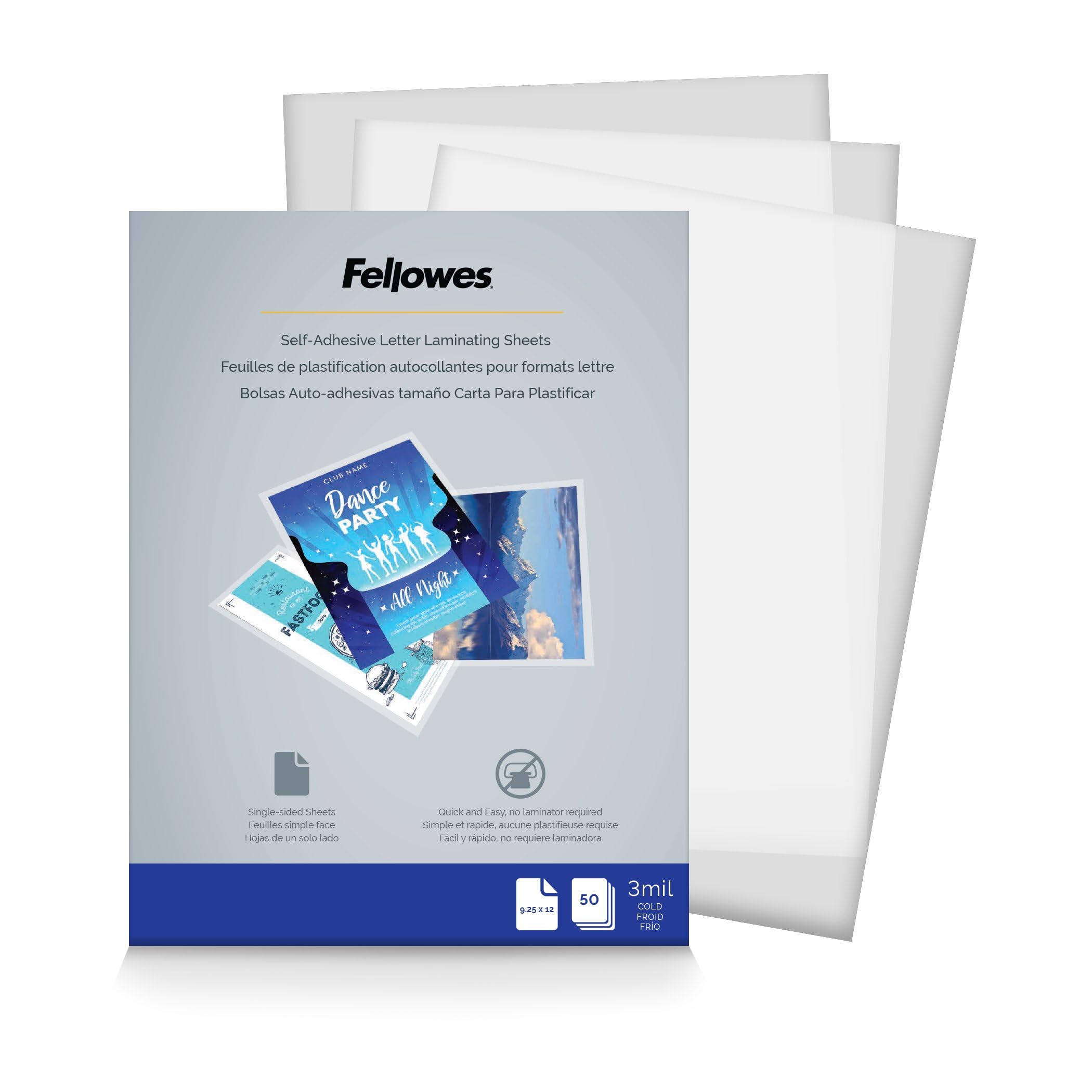 FELLOWES Self-Adhesive Laminating Sheets, 9 x 12, 3 mil, Gloss