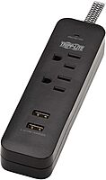 Tripp Lite Surge Protector Power Strip 2-Outlet w 2 USB Ports 2.1A 6ft Cord, 5-15P Plug, 450 Joules, Black (TLP206USB)