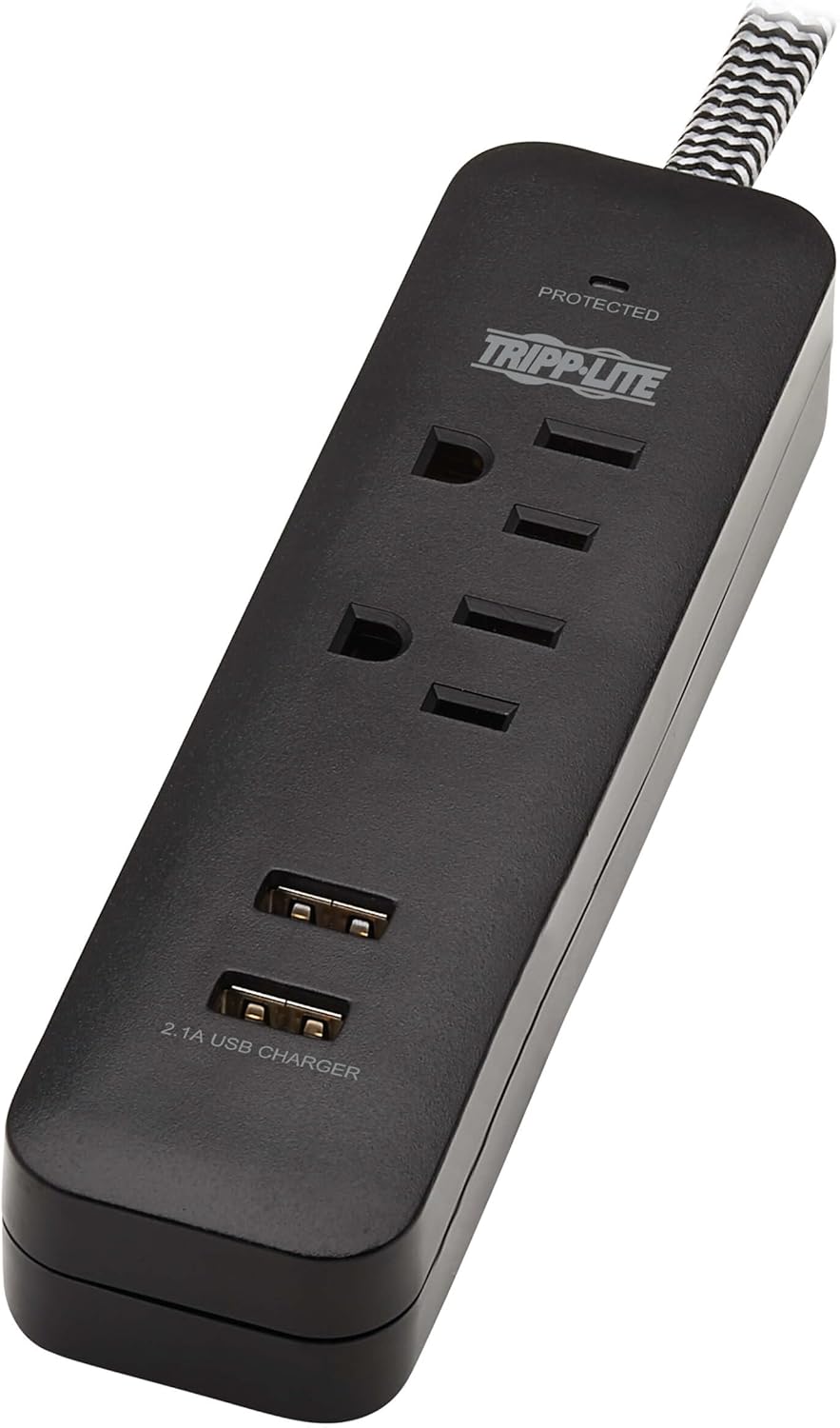 Tripp Lite Surge Protector Power Strip 2-Outlet w 2 USB Ports 2.1A 6ft Cord, 5-15P Plug, 450 Joules, Black (TLP206USB)