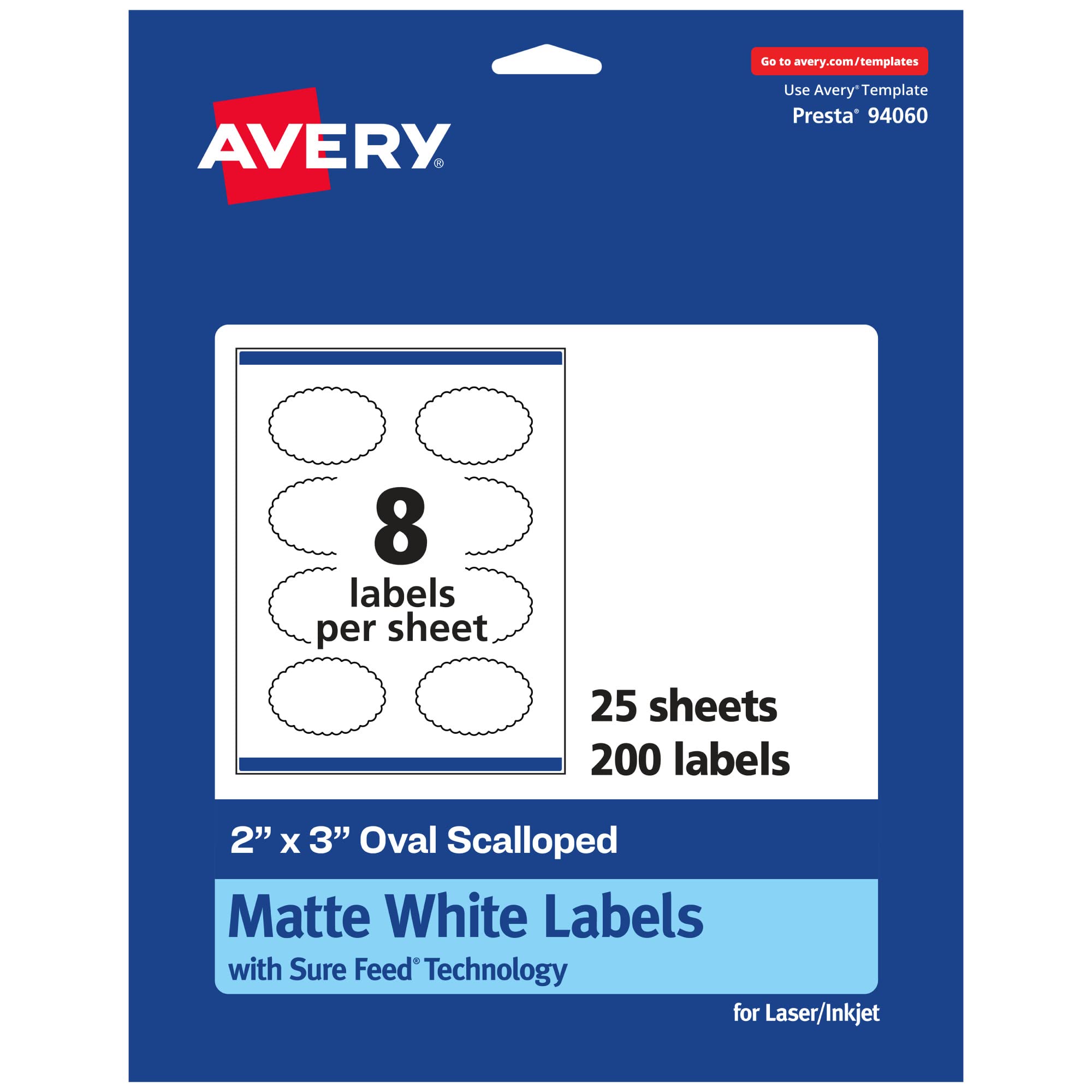 Avery Matte White Oval Scalloped Labels, Sure Feed Technology, 2" x 3", 200 Labels