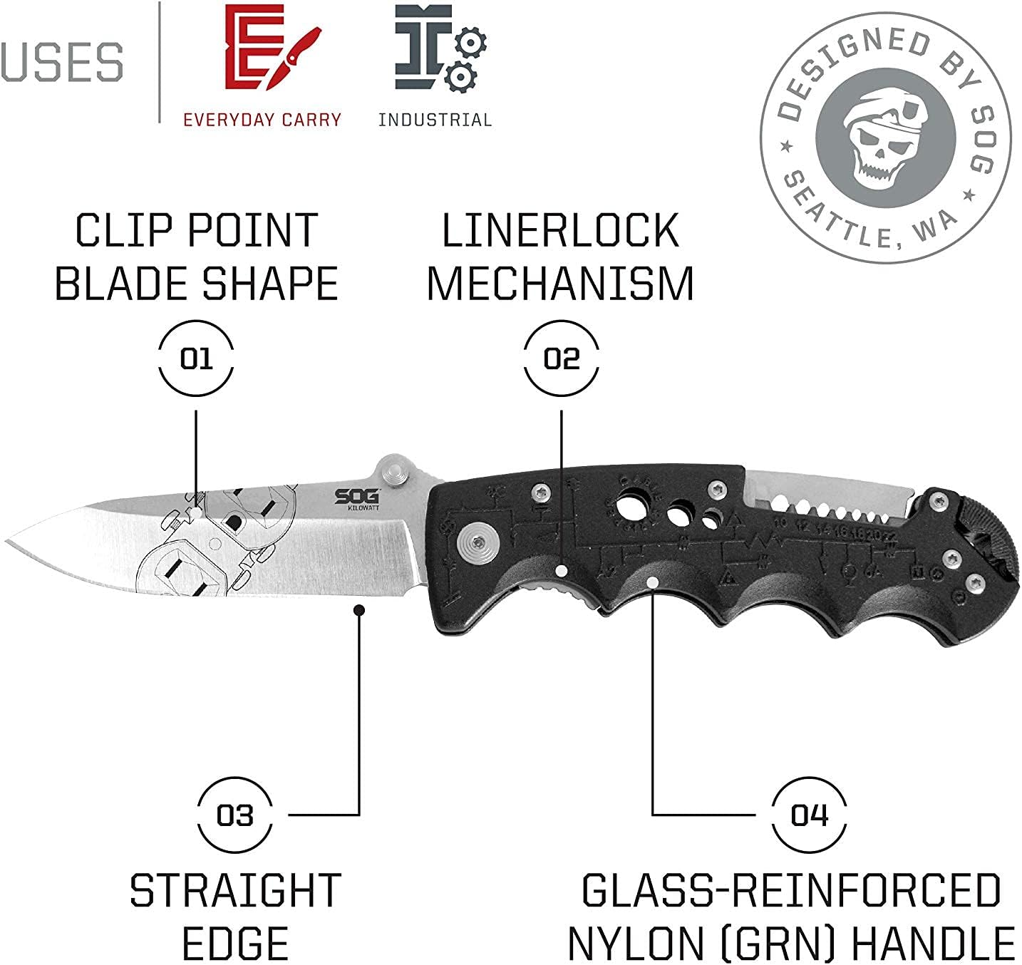 SOG Kilowatt- Electricians Pocket Knife with Wire Stripping Multi-Tool and 3.4 Inch AUS-8 Blade