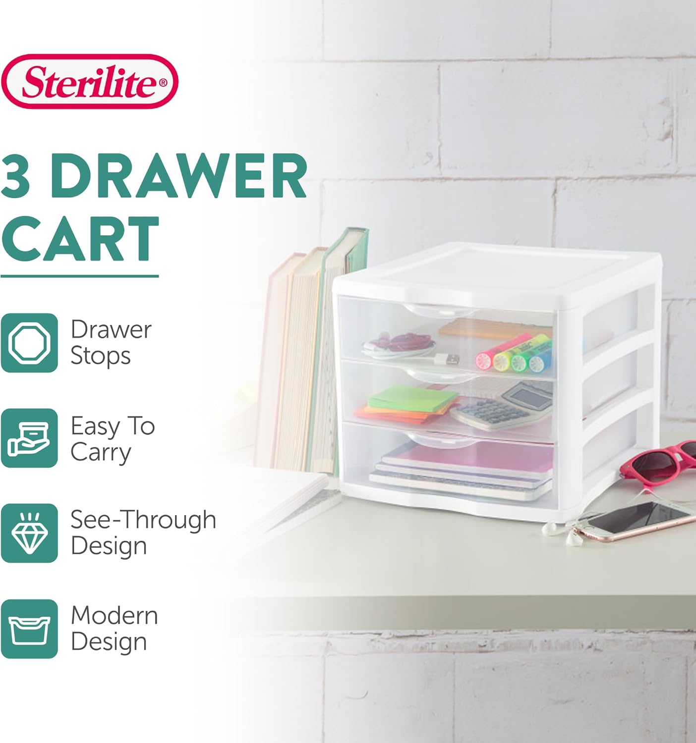 Sterilite 6-Pack ClearView 3-Drawer Cart, Small Plastic Storage Organizer Drawers