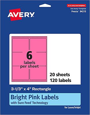 Avery Printable Rectangle Labels, Sure Feed Technology, 3-1/3" x 4", Bright Pink, Laser/Inkjet Printable