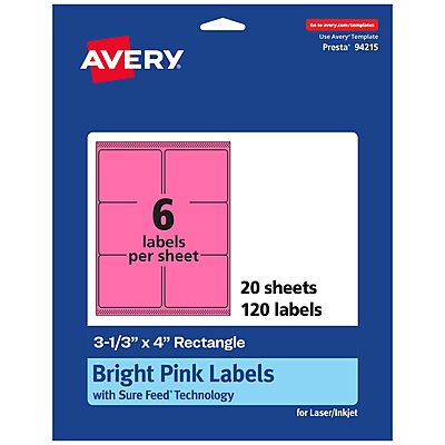 Avery Printable Rectangle Labels, Sure Feed Technology, 3-1/3" x 4", Bright Pink, Laser/Inkjet Printable