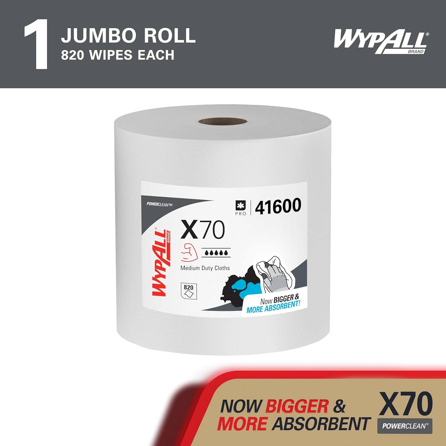 WypAll PowerClean X70 Cloths Medium Duty Wipes, Jumbo Roll, 870 Sheets, White