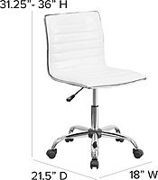Flash Furniture Alan Low-Back Ribbed Upholstered Vinyl Swivel Desk Chair with Padded Seat, Modern Adjustable Height Padded Office Chair, White White/Chrome