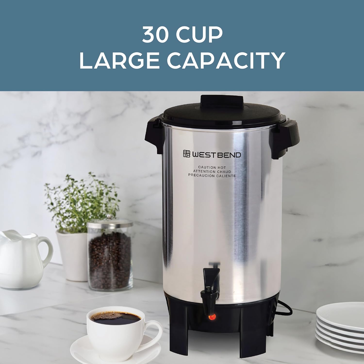 West Bend Coffee Urn Highly-Polished Aluminum Features Automatic Temperature Control with Cup Per Minute Brewing and Easy