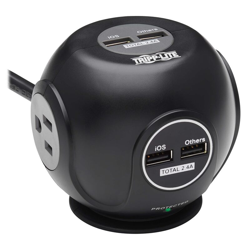 Tripp Lite Surge Protector 3-Outlet Spherical Surge Protector, 4 USB Ports (4.8A Shared) - 6-ft. (1.83 m) Cord, 5-15P Plug