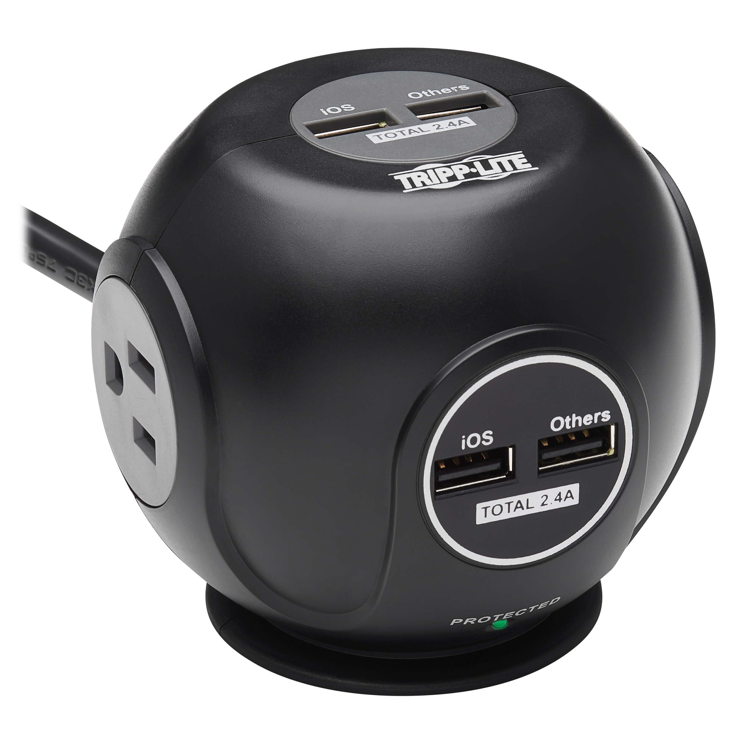 Tripp Lite Surge Protector 3-Outlet Spherical Surge Protector, 4 USB Ports (4.8A Shared) - 6-ft. (1.83 m) Cord, 5-15P Plug