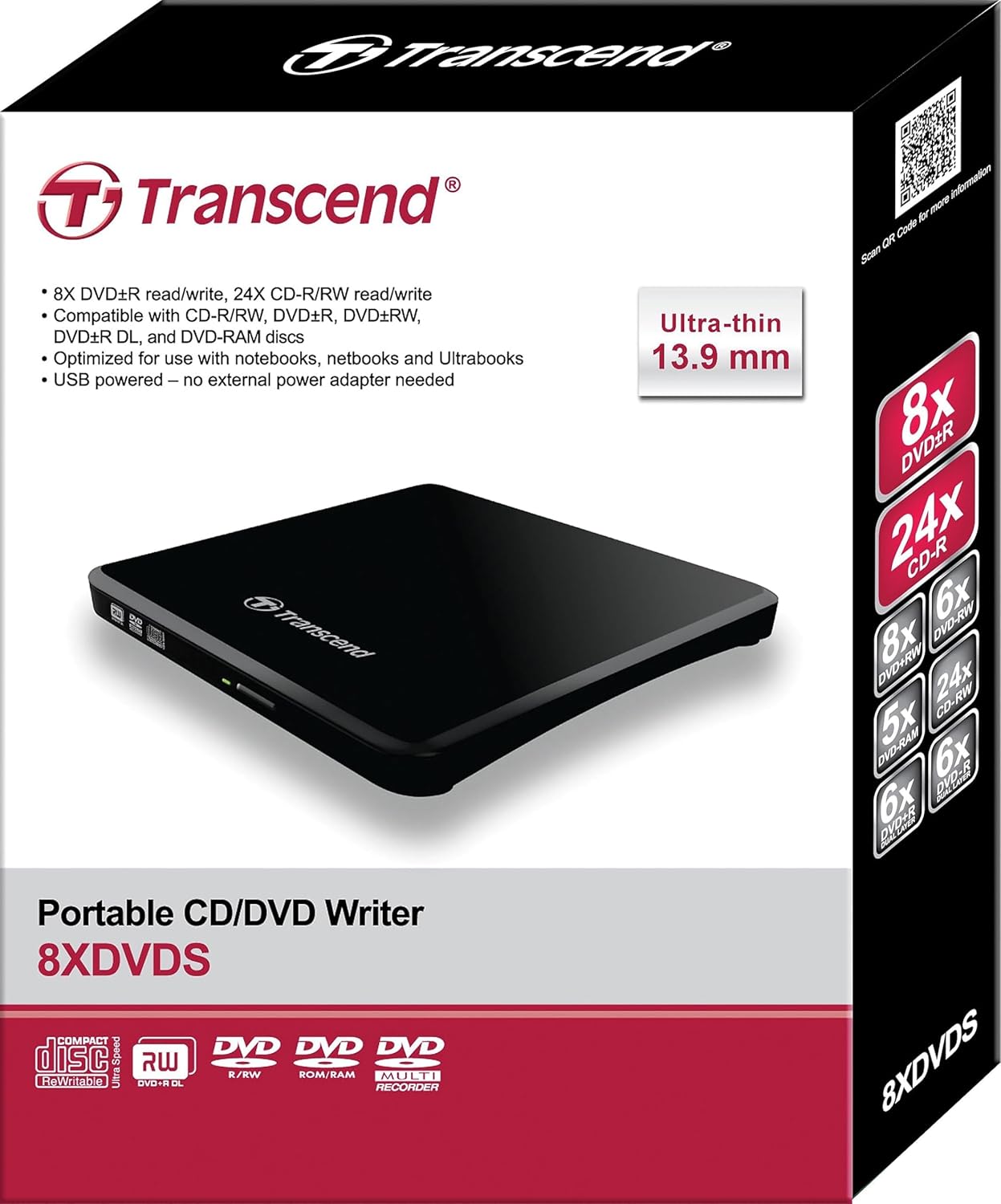 Transcend 8K Extra Slim Portable DVD Writer Optical Drive (TS8XDVDS-K) Black