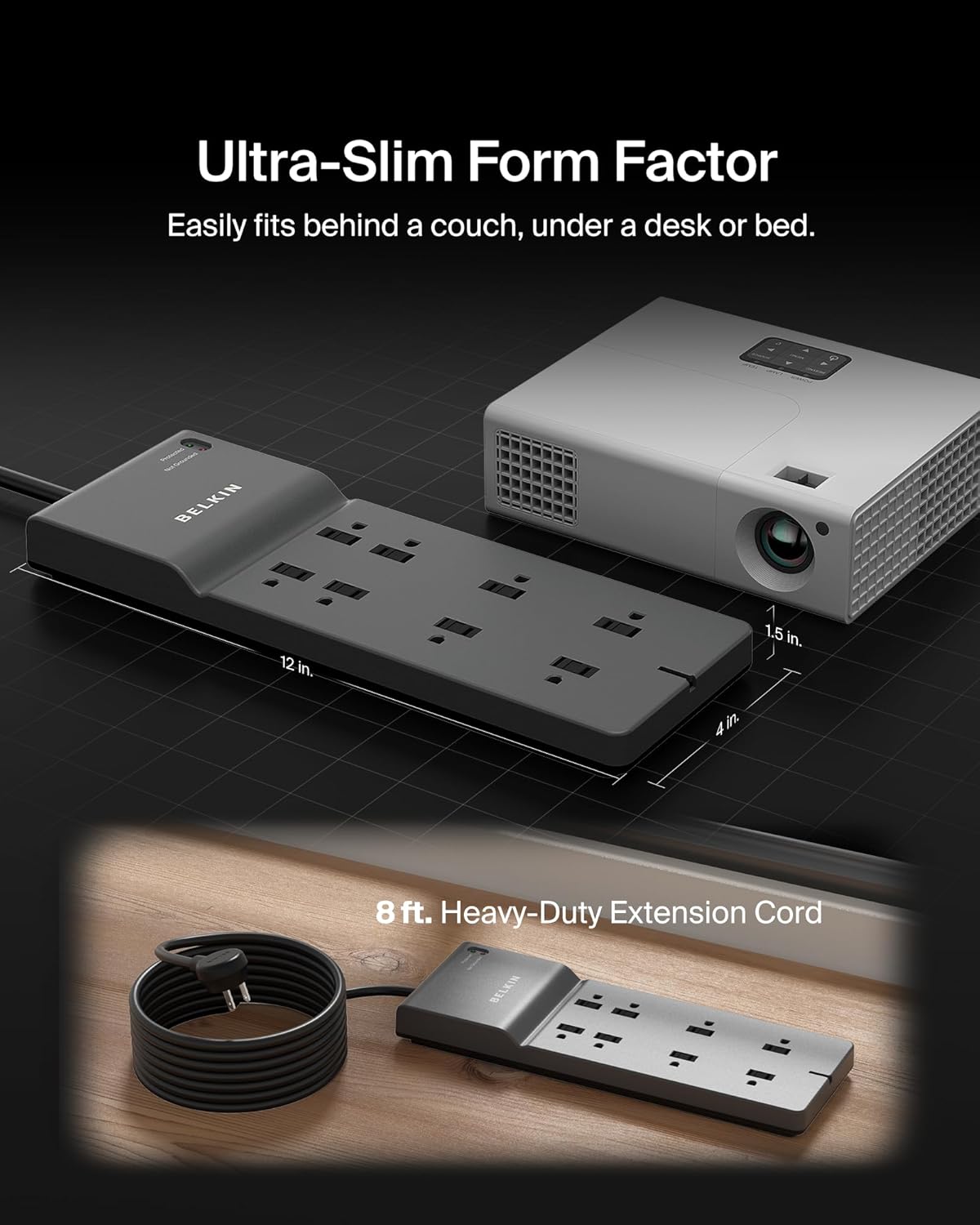 Belkin 8-Outlet Surge Protector w/ 8 AC Outlets & 8ft Long Flat Plug, UL-listed Heavy-Duty Extension Cord for Home, Office