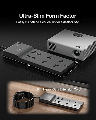 Belkin 8-Outlet Surge Protector w/ 8 AC Outlets & 8ft Long Flat Plug, UL-listed Heavy-Duty Extension Cord for Home, Office