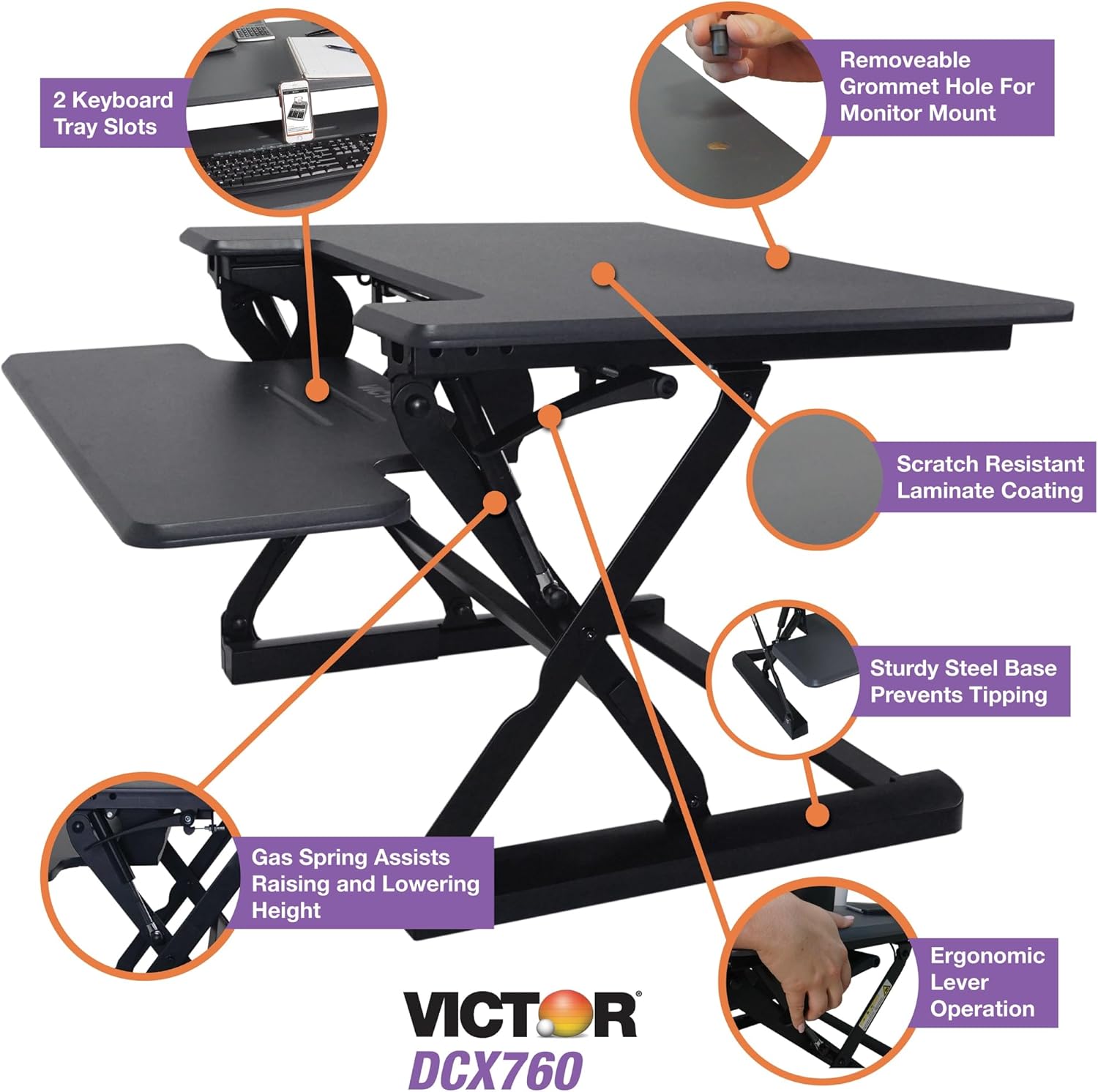 Victor DCX760G High Rise Collection Height Adjustable Standing Desk with Removable Keyboard Tray | Gray | 36” Wide Standing