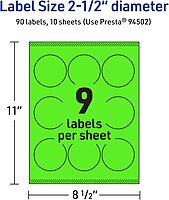 Avery Printable Round Labels, Sure Feed Technology, 2.5" Diameter, Neon Green, Print-to-The-Edge, Laser/Inkjet Printable