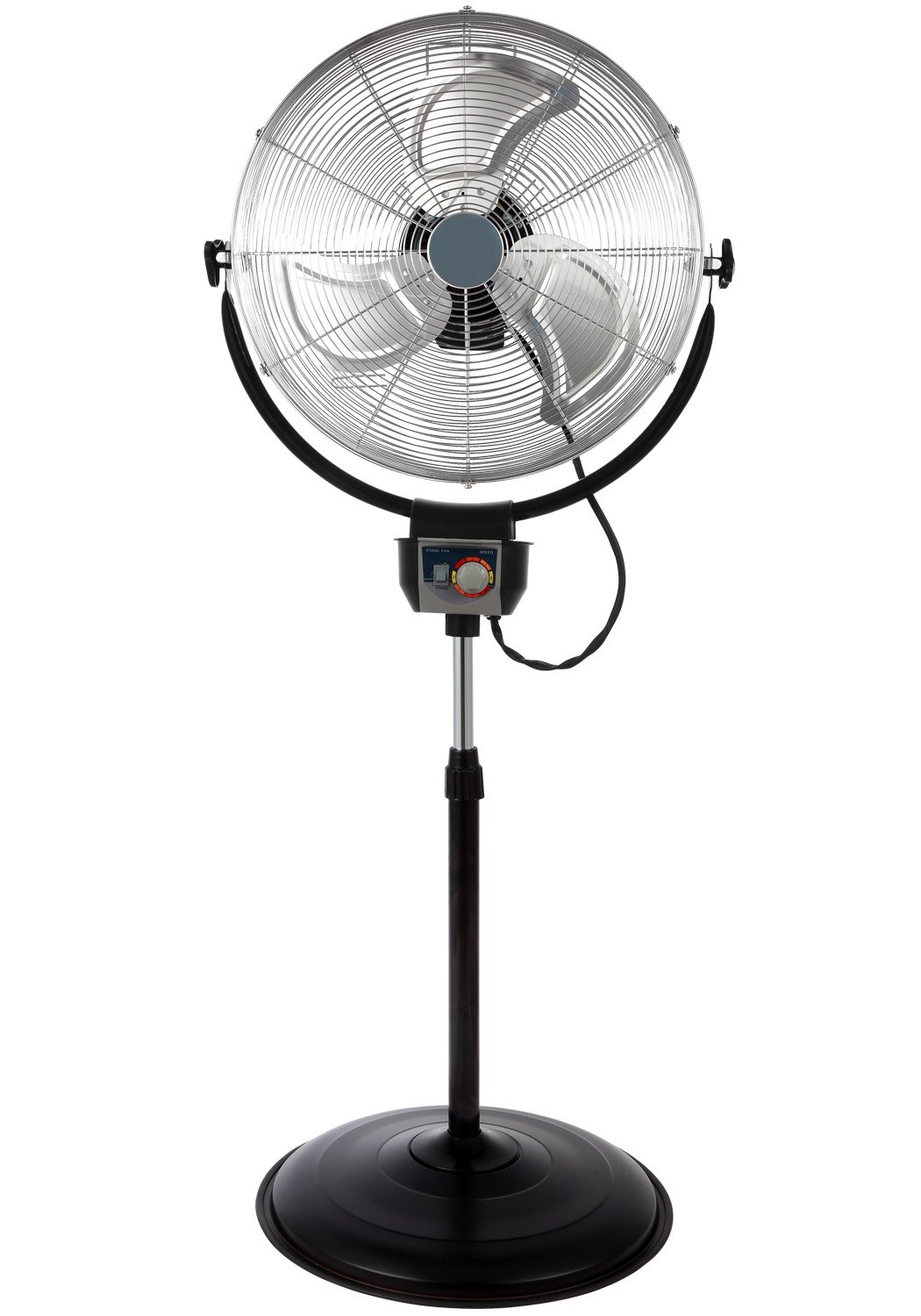 Optimus 20in Adjustable Industrial-Grade HV Oscillating Stand Fan With Chrome Grill, 30in x 24in, Black