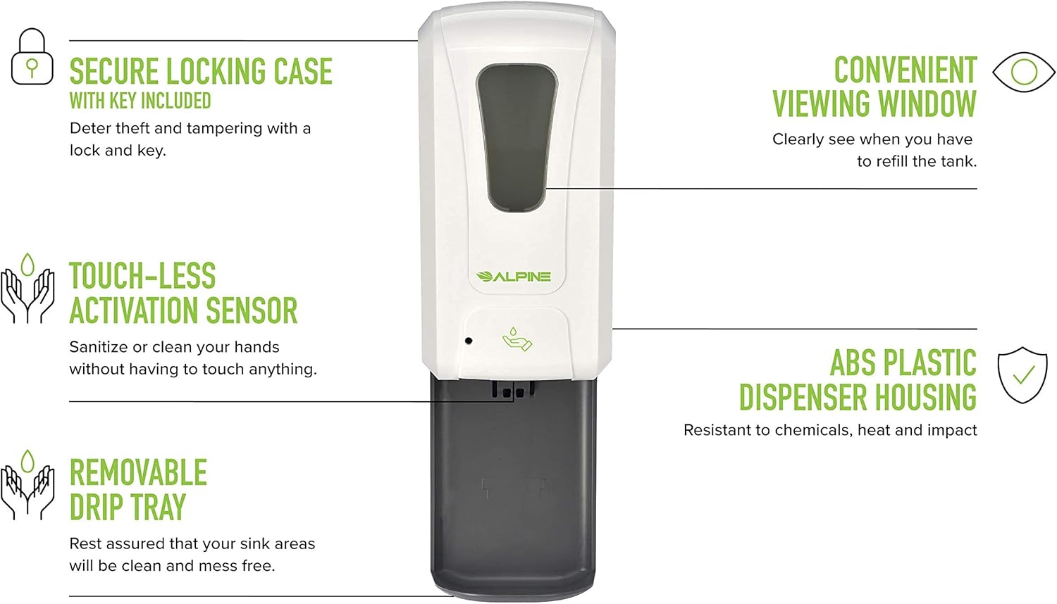 Alpine Automatic Hand Sanitizer Dispenser - Touchless Soap Dispenser with Drip Tray for Restaurant, Hospital, School, Hotel, Kitchen and Bathroom -1200mL Liquid, Gel White White Liquid w/ Drip Tray